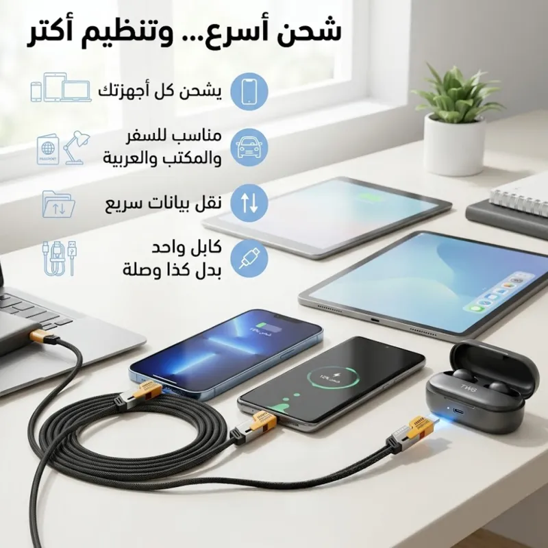 •        كابل شاحن USB متعدد 15 سم، شحن سريع 65 واط 3 في 1  (Lightning, Type-C & Micro USB)