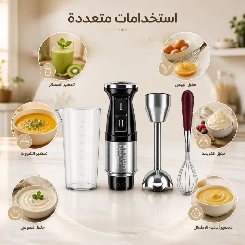عرض خلاط ومطحنة BRAUN 10000 وات + كبة BRAUN 8500 وات + هاند بلندر BRAUN 3 في 1 استاليس 2700 وات  مع ضمان عام