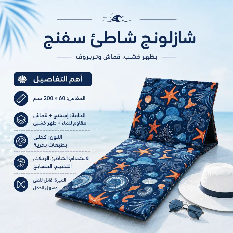 شازلونج شاطئ سفنج بظهر خشب قماش وتربروف مقاس 60*200 سم طابعه صيفيه كحلي