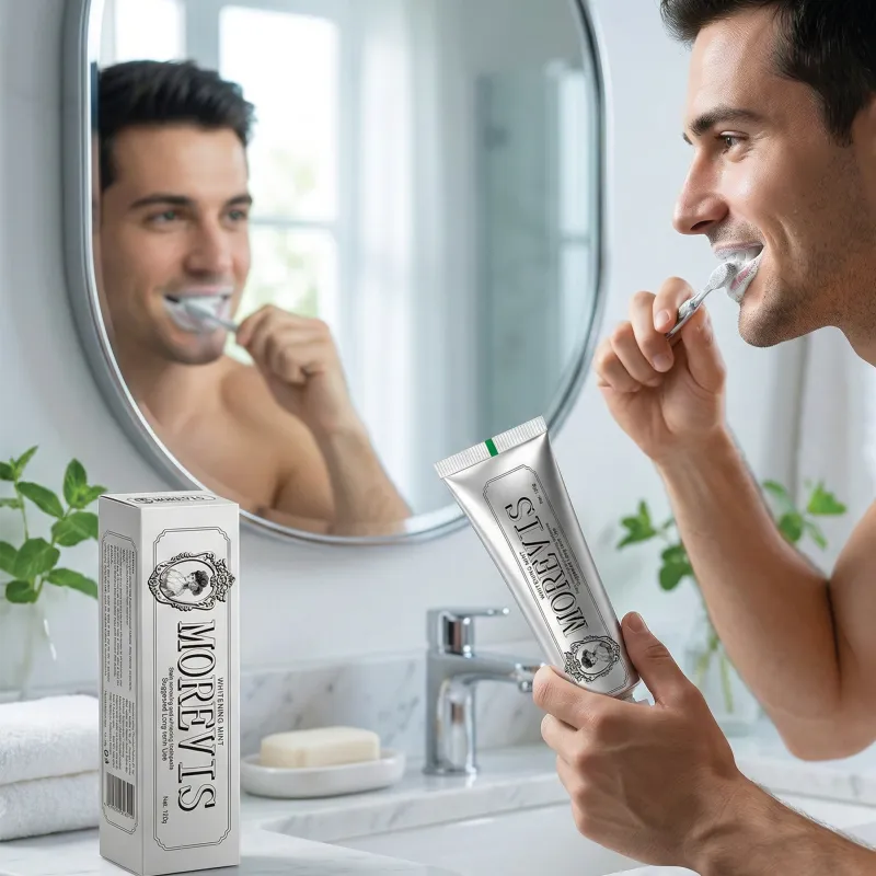عرض معجون Morevis للتبييض بالنعناع  + فرشاة الأسنان السيليكون الكهربائية طويلة الامد