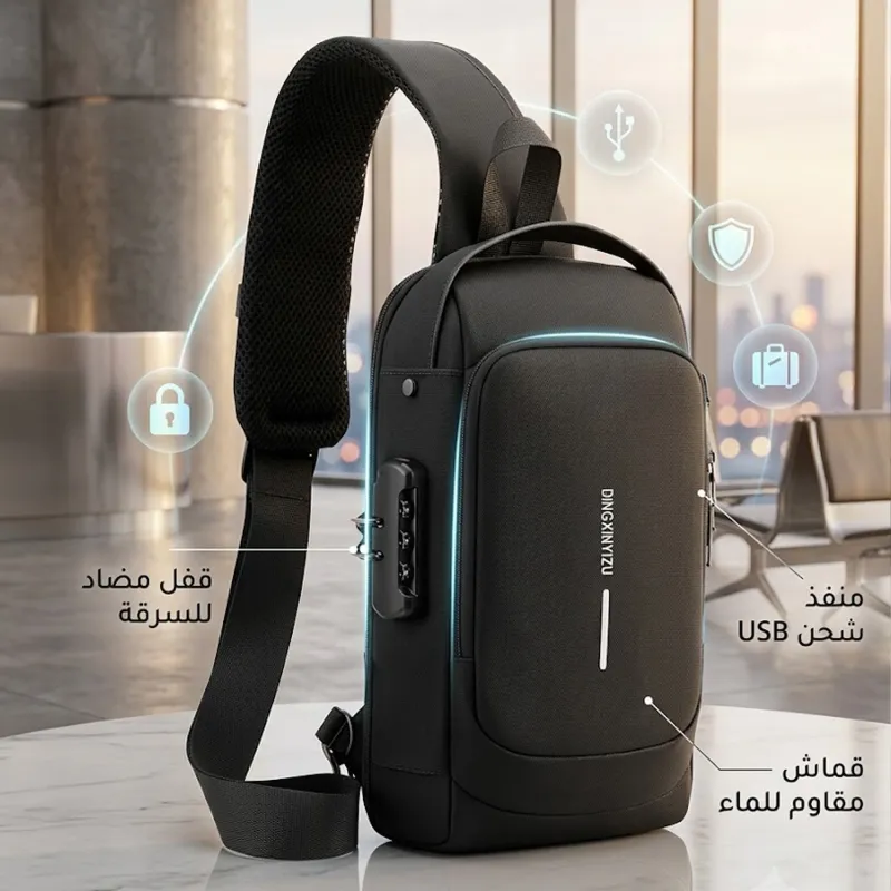 حقيبة كروس  متعددة الجيوب، مع منفذ شحن وقفل مانع للسرقة مقاوم للماء بكلمة مرور، للرجال والنساء