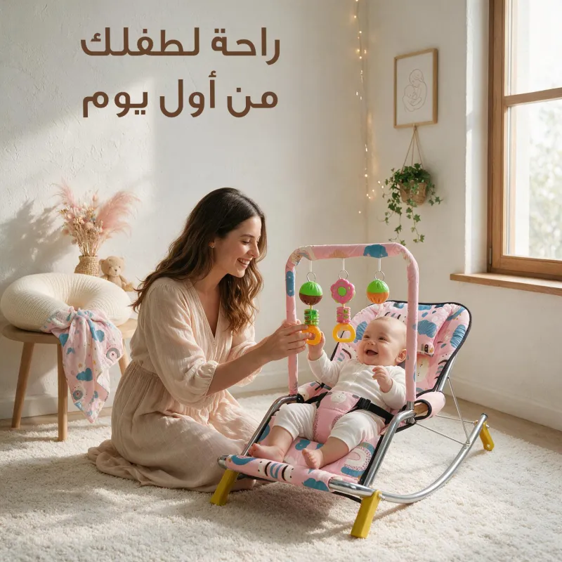 عرض : كرسي هزاز للأطفال بينك + مخدة رضاعة + ساتر رضاعة