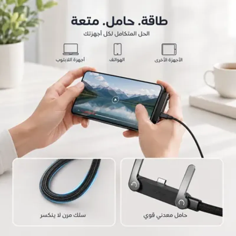 ساعات منبه رقمية للغرف +كيبل شحن 2 في 1 مع حامل غير مرئي+حامل لاب توب  اسود معدني قابل للطي